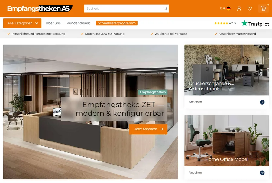 Screenshot des Onlineshops von Empfangstheken AS